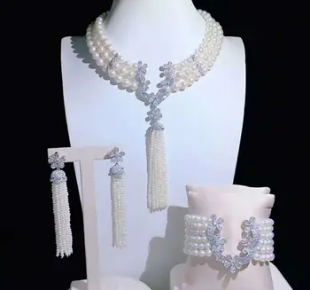 Ръчно възел 3-4 мм 5-6 мм 8-9 мм естествени бели перли, цирконий закопчалката аксесоар колие обици, модни бижута