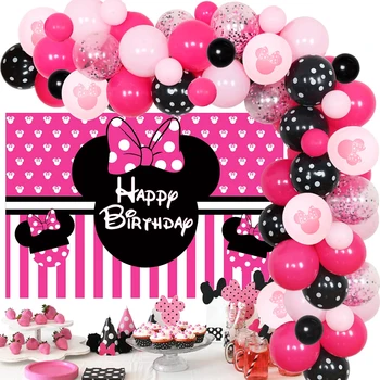 Мини Маус Тематични Аксесоари за Парти в чест на рождения Ден на Розово-Черна Венец от Балони Арка Комплект Мини честит Рожден Ден на Фон за Момичета