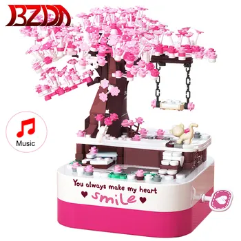 BZDA Разцвет Череша Дърво Музикална Ковчег на Въртящата се Сакура градивните елементи на Сакура Дърво Творчеството Тухли Играчки за Деца Подаръци За Момичета