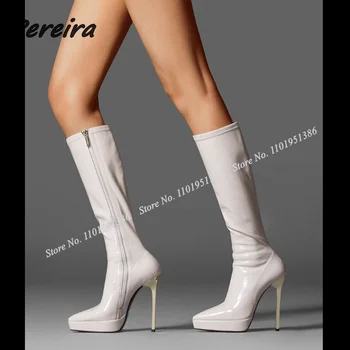 Pereira/Бели Обувки На Платформа От Лачена Кожа Със Страничен цип, Дамски Обувки До Коляното с Остри Пръсти на Висок Ток, Zapatillas Mujer
