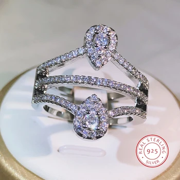 Висококачествено двойно симетричен пръстен с капка вода, творческа пръстен от сребро 925 проба, подходящи за двойки, вечерни подаръци за Свети Валентин