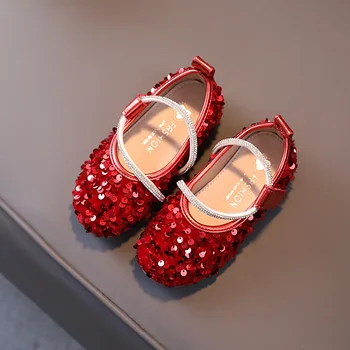 Модните Лъскави обувки За Момичета За Сватбени партита, Обувки Малка Принцеса с Декорация във формата на Кристали, Червени, Розови, Сребристи, Детски Танцови Обувки, За да се Изяви