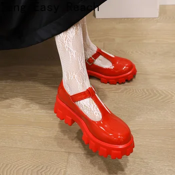 Мода пролет платформа лачени обувки с кръгла глава с платформа каишка на глезена помпи жена дебело дъно обувки Лолита бял червен