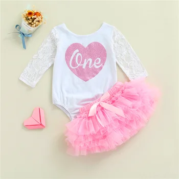 Облекло за първия ми рожден ден за малки момичета, Сладък Завързана гащеризон с дълги ръкави и цветисти принтом във формата на сърце + пола-пакетче, 6-24 месеца