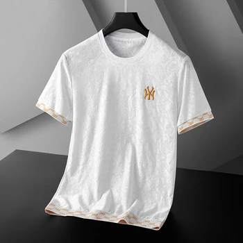 Висококачествена и луксозна ледена коприна дишаща тениска с къс ръкав, мъжки лятна тенденция риза с бродерия букви, мъжки свободна повече от половината ръкави