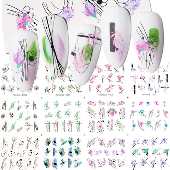 12 дизайни Пролетна Тема Геометричен Цвете Листа Набор от Стикери За Нокти Снимка на Лицето Пеперуда Етикети С Плодове Плъзгачи Маникюр Декорации