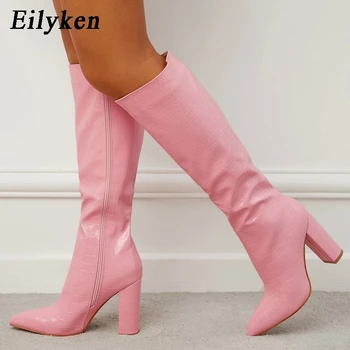 Eilyken/Маркови дизайнерски дамски ботуши до коляното от лачена кожа на високо Квадратен ток, зимни обувки с цип, Чубрица Дълги Ботильоны, обувки за Партита